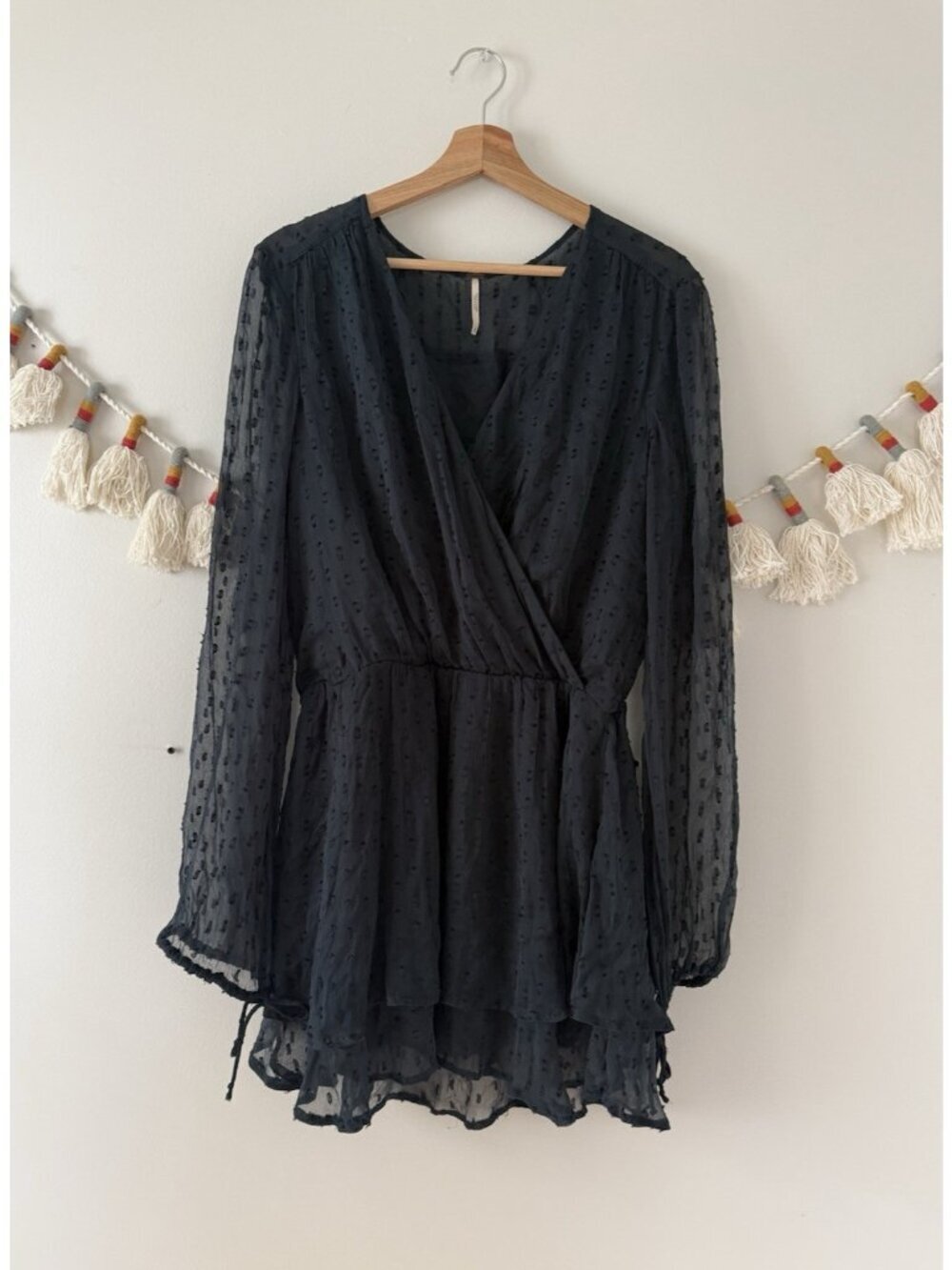 Free People Daliah Swiss Dot Semi Sheer Surplice Mini Dress Green Boho Whimsy S